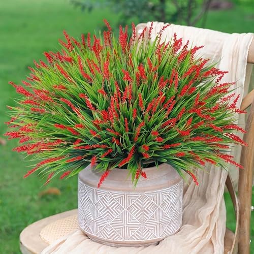 HyeFlora Artificial Fake Flowers Outdoor Plants for Summer Decoration,10 Bundles Faux Plastic Tall Monkey Grass Greenery UV Resistant Realistic Lavender for Home Planter Window Porch Garden-Red by HyeFloraartificialflowers