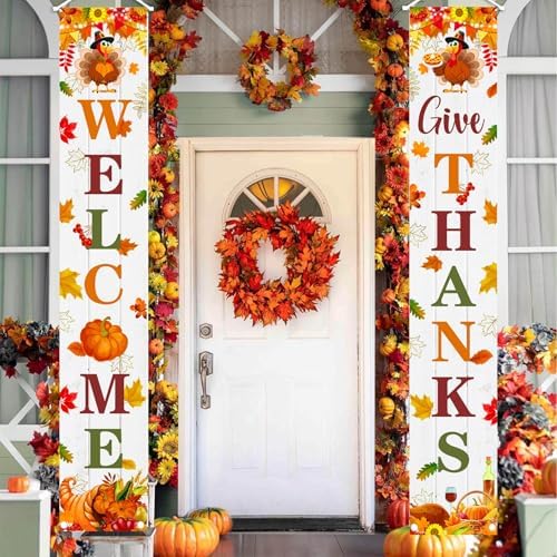 MEHOFOND Give Thanks Porch Banner Sign, Fall Welcome Maple Leaves Thanksgiving Door Decorations, Board Wall Hanging Farmhouse Supplies, Thanksgiving Porch Decor Outdoor for Home Office Holiday - Image 5