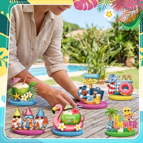 Wesiti 12 Pcs Summer Table Decor Wooden Summer Beach Table Centerpieces Beach Pool Balls Palm Tree Flamingo Tabletop Topper Tropical Hawaii Tiered Tray Decor for Kitchen Holiday Pool Party Supplies - Image 6