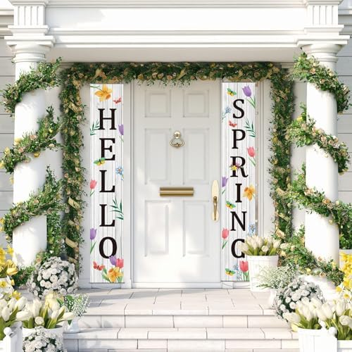 Hello Spring Porch Banner for Front Door Spring Door Banner Colorful Floral Green Leaves Porch Sign Hanging Flag Vintage Spring Decorations Seasonal For Yard Indoor Outdoor Decorations (Pack of 2) - Image 3