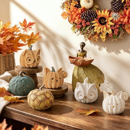 Fall Decor Animal Pumpkin Decorations – Squirrel Fake Pumpkin Resin Woven Design Animal Figurines for Table Shelf Mantel, Thanksgiving Halloween Decorations Gifts for Autumn Decor(Gold&White) - Image 4