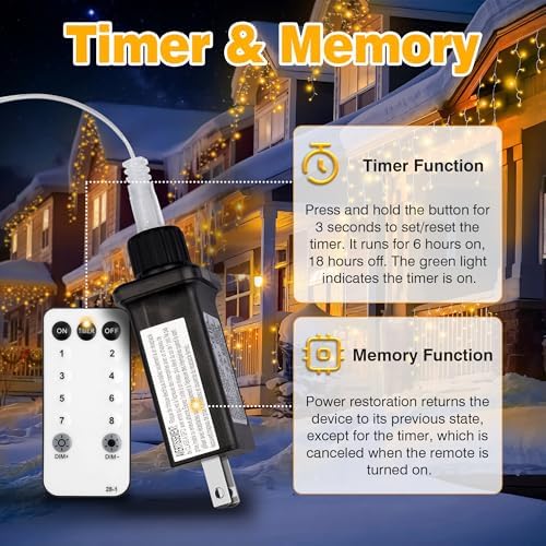Xahpower 622 LED Icicle Lights Outdoor, Plug in 59ft Waterproof Christmas String Lights, Remote & Timer, Decoration for Wedding, Garden - Image 2