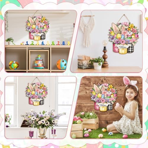Boao Happy Easter Door Sign Decor for Frontdoor Easter Bunny Egg Welcome Wooden Door Signs Floral Spring Hanging Sign Bunny Rabbit Wreath for Farmhouse Decorations Spring Party Indoor Outdoor Decor - Image 4