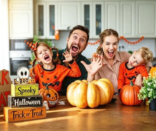 4 Pcs Halloween Tiered Tray Decor Wooden Stacked Block Signs, Rustic Ghost Boo Pumpkin Spooky Trick or Treat Table Decor for Home Kitchen Shelf Mantel Party - Image 4