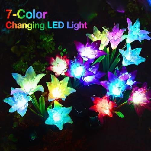 KOOPER Outdoor Solar Lights, 6 Pack Solar Garden Light with Bigger Lily Flowers, Waterproof 7 Color Changing Solar Lights Outdoor - Bigger Panel for Patio Yard Garden Decoration, Gift for Mom - Image 2