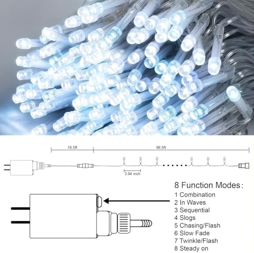 LJLNION 300 LED String Lights Outdoor Indoor, Extra Long 98.5FT Super Bright Christmas Lights, 8 Lighting Modes, Plug in Waterproof Fairy Lights for Holiday Wedding Party Bedroom Decorations ( White) - Image 4