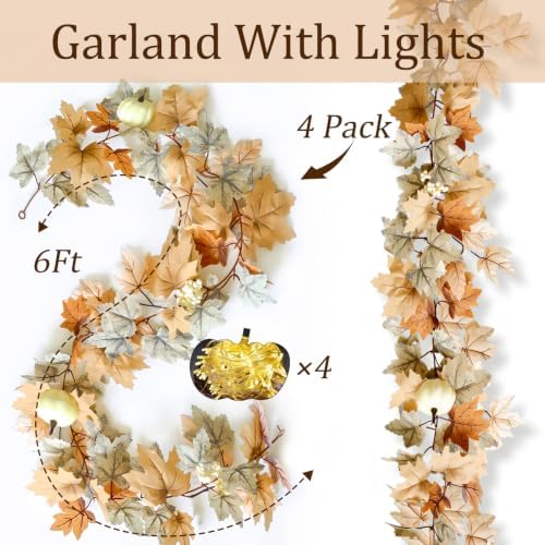 4 Pack Fall Garland Maple Leaf with Lights Fall Decor, 6Ft/Piece Fake Leaves Pumpkin Berry Vine Autumn Foliage Garland for Mantle Fireplace Halloween Thanksgiving Decorations Christmas Home Decor - Image 3