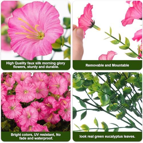 HyeFlora Artificial Flowers for Outdoors Fake Plants Outside Decoration, 12 Bundles Silk Pink Morning Glory with Eucalyptus UV Resistant Look Real Faux Flowers for Planter Front Door Yard Gardens Home - Image 5