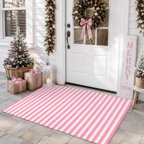 Moucuny Christmas Pink and White Vertical Stripe Outdoor Rug 2'4'' X 3'7'' - Image 3