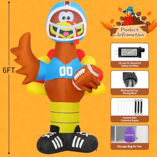 GOOSH 6 FT Thanksgiving lnflatable Turkey Outdoor Decorations Blow Up Yarda Turkey with a Rugby, with Built-in LEDs for Indoor Party Garden Lawn Decor - Image 6