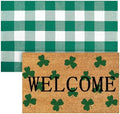 Duraaamo 2 Pcs St. Patrick's Day Coir Door Mat Outdoor Rug Shamrock Clover Welcome Doormat Green White Checkered Rug for St. Patrick's Day Front Door Porch Entryway Decor by Duraaamo