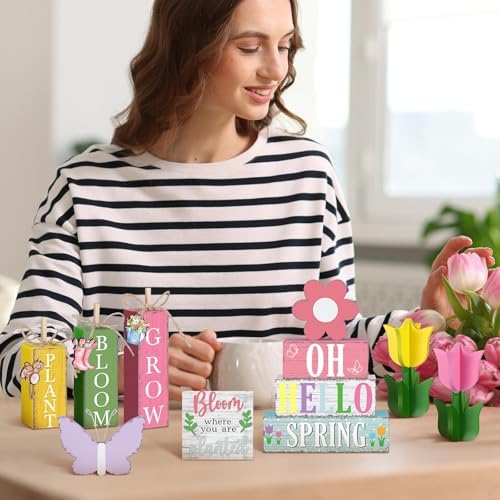 Vercraft 11 Pcs Spring Table Decorations Tulips Tiered Tray Decor Butterflies Home Centerpiece Decorative Wood Books Table Top Decor Flower Wooden Sign for Party Supplies - Image 3