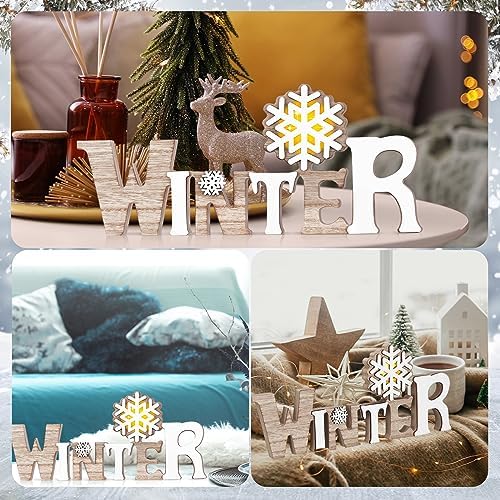 Geetery White Winter LED Wooden Sign Rustic Wooden Word Sign for Table Home - Image 5