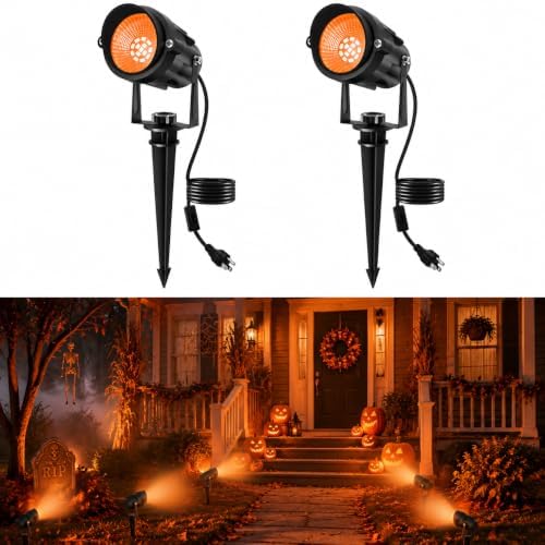Halloween Orange Spot Lights Outdoor, 14 LED Landscape Lighting with US Plug, IP65 Waterproof Spotlights for Yard Garden Tree Porch Pathway Christmas Decor 2 Pack by CREPOW