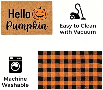 Fall Decor Halloween Layered Front Doormat Set, Hello Natural Coco Coir Door Mat + 3'x5' Orange Black Buffalo Plaid Rug, Non-Slip Porch Rug Outdoor Entryway Decor for Front Porch, Patio - Image 6