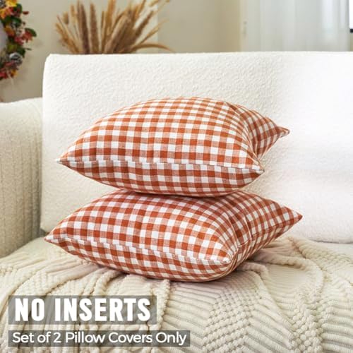 Fall Orange Plaid Gingham Checkered Porch Pillow Covers 16x16 Set of 2 - Image 2