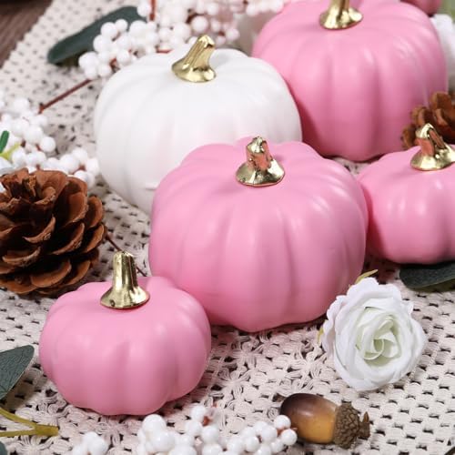 Suncalla 56 Pcs Artificial Pumpkin Eucalyptus Leaves Fall Decor, White,Pink - Image 3
