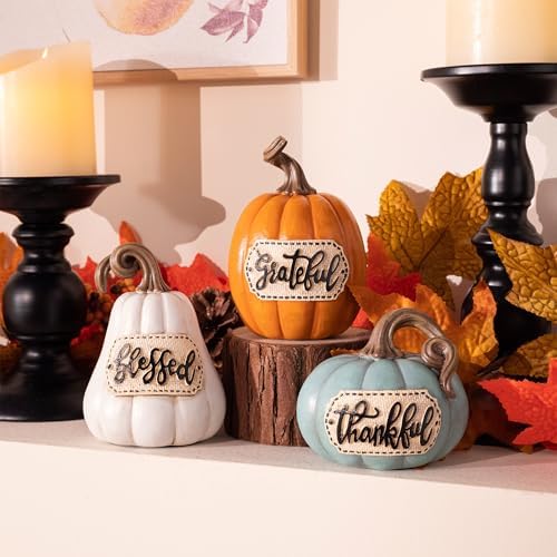 Valery Madelyn Pumpkins Fall Table Decor for Home, Set of 3 Resin Decorative Pumpkins Figurines Decor Indoor Tabletop Centerpieces Harvest Autumn Thanksgiving Dining Room Shelf Decoration, 6.3 inch - Image 3