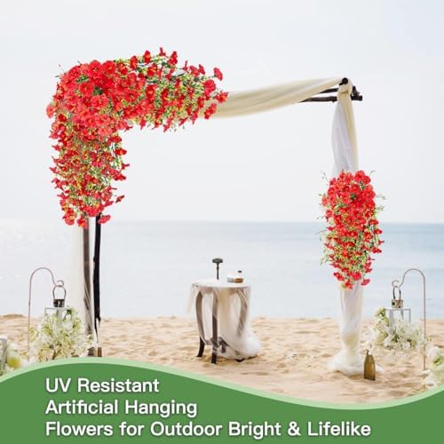 Artificial Flowers for Outdoors Fake Morning Glory Hanging Flower Decoration, 2 Pcs Realistic Faux Plants Petunias Trailing Vines, Spring Summer Decor for Porch Patio Balcony Planter Yard(Red) - Image 5