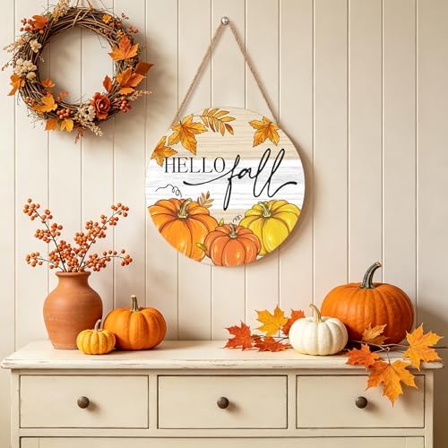 Hello Fall Welcome Sign Door Sign 12"x12" Fall Door Decorations Hanging Sign Farmhouse Pumpkin Round Wooden Sign for Home Front Door Wall Porch Yard Garden - Image 6