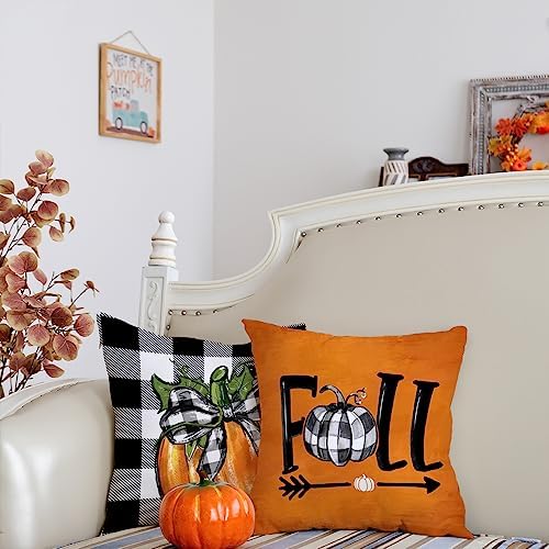 GEEORY Fall Decorative Throw Pillow Covers 16 x 16 Inch Set of 4, Pumpkins Thankful Blessed Buffalo Plaid Fall Decor Outdoor Farmhouse Pillow Cases for Home Couch (Orange Color) G337-16 - Image 2