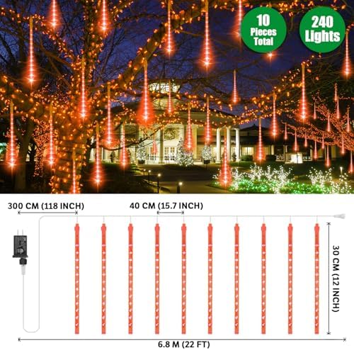 LAMPHOME Halloween Lights Outdoor,12-inch LED Meteor Shower Icicle Lights, 10 Tubes 240 LED String Lights. Waterproof Plug, Shower Rain for Xmas Tree Yard House Decor Orange - Image 2