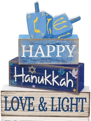 Lineshading 4 Pcs Wooden Hanukkah Decor Farmhouse Blocks with Dreidel by Lineshading
