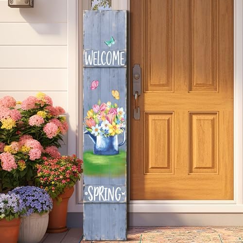 47" Spring Porch Sign Wooden Flower Butterfly Sign for Front Porch Spring Vertical Welcome Wood Signs for Front Standing Vertical Rustic Patio Door Decor for Farmhouse Door Home Entryway - Image 3