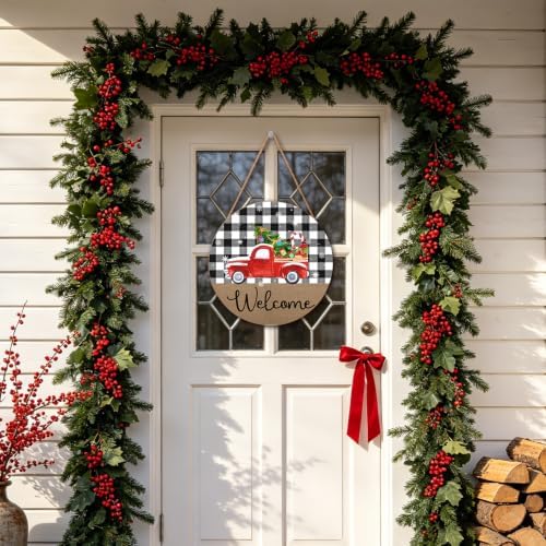 Christmas Welcome Front Door Sign for House Merry Christmas Holiday Decoration Hanging Sign Red Truck Xmas Round Wood Wreaths for Home Wall Porch Yard Garden Farmhouse Xtmas Day 12"x12" - Image 5