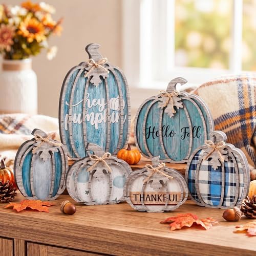 Leinuosen 6 Pcs Blue Fall Pumpkin Decor, Thanksgiving Table Centerpiece by Leinuosen