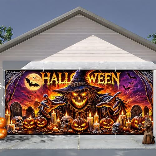 7 x 16 ft Harvest Scarecrow Halloween Garage Door Decorations Halloween decorations Witch Door Cover, Hanging Banner, Cauldron Backdrop Mural for Home by THISFIND
