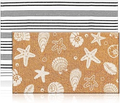 Duraaamo 2 Pcs Beach Door Mats Outdoor 16'' x 28'' Coastal Seashell Starfish Doormat 24'' x 35'' Non Slip Nautical Black White Stripe Outdoor Rug for Entrance Indoor Entryway Beach Lake House Decor by Duraaamo