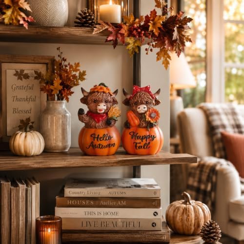 MEETYAMOR Fall Decorations for Home, 2 PCS Resin Highland Cows Figurines for Fall Decor, Rustic Pumpkin Harvest Ornaments for Thanksgiving Table Decor, Mantel, Shelf - Image 7