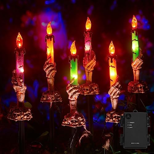 Halloween Decorations, 2 x 6 Pack Skeleton Hands Hold Lighted Candle Stakes, Waterproof Battery Operated Pathway Decor with Timer, Light Up for Tabletop Indoor Outdoor Party Lawn Yard Garden by Brightown