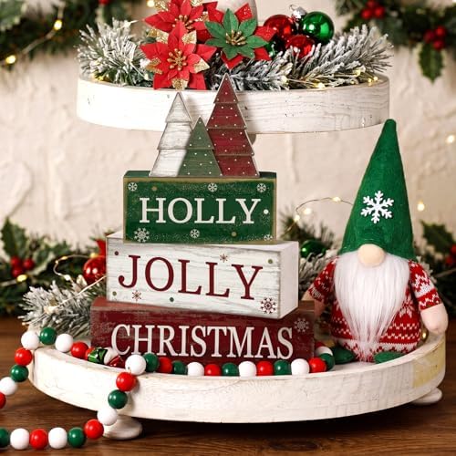 Moucuny 4 Pcs Christmas Centerpiece Wood Block Signs Holly Trees - Image 4