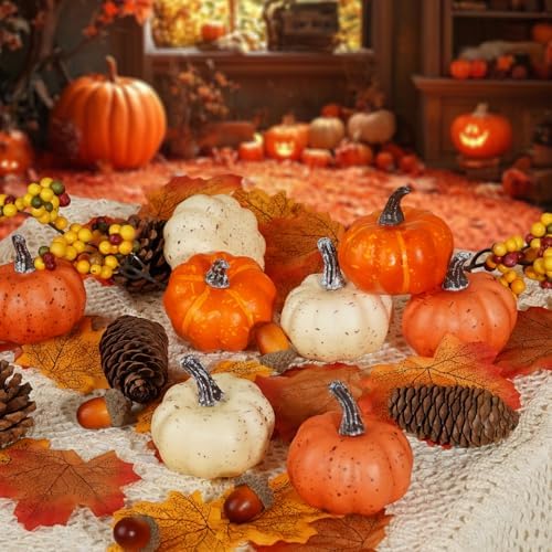 Artmag 51 PCS Artificial Pumpkins, Fall Harvest Decorations with Acorns, Pinecones, Berries, Maple Leaves for Farmhouse Fall Thansgiving Halloween Decor Decoration - Image 3