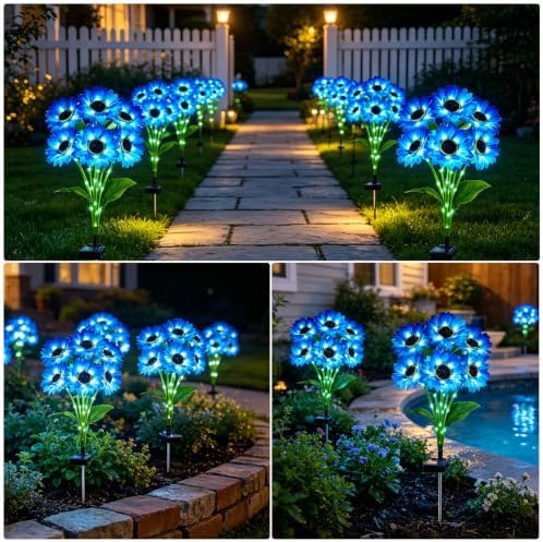 VOOKRY Solar Garden Lights Outdoor, 4 Pack Blue Sunflower Lights with 24 Flowers, Waterproof Summer Garden Decor Solar Flowers for Yard Backyard Patio Flowerbed Yard, Gift for Mom Women - Image 5