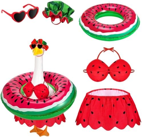 Bikini Porch Goose Outfits Summer Costume for 23" 17" Goose Statue, Swimsuit Set with Sunglasses, Swim Ring and Hat, Hawaiian Style for Garden Patio Lawn Yard Outdoor Decoration(Watermelon) by Unknown