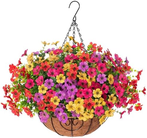florisso Artificial Fake Hanging Flowers Plants Basket for Summer Outdoor Outside Decoration, Faux Silk Colorful Daisy in Planter Look Real UV Resistant, Home Porch Patio Balcony Yard Decor by florisso