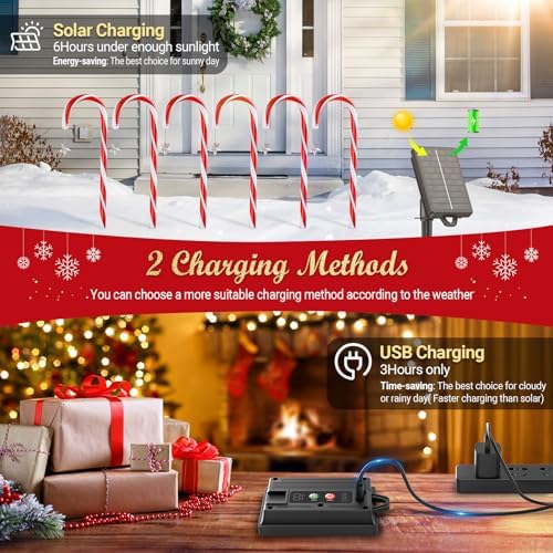BUCASA 24 Pack Christmas Decorations Outdoor Solar Candy Cane Lights, Solar Pathway Lights with USB Charge, 10 Modes 144 LEDs Waterproof Outdoor Christmas Decorations for Yard Garden Pathway - Image 3