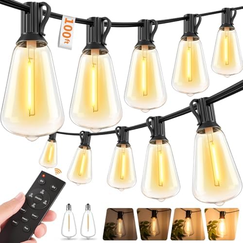 Hotsonic Remote Control Outdoor String Lights Waterproof, 100FT LED Outside Lights with Shatterproof Bulbs, Dimmable Hanging Light 3 Modes for Patio Porch Garden pergola Yard House Bistro Party decors by Unknown