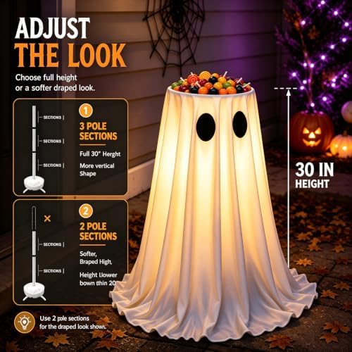 USB Powered Halloween Ghost Candy Bowl Stand w/ 8-Mode Remote LED Lights - Image 3