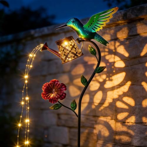 Hummingbird Solar Lights Outdoor Waterproof, 36 Inch Garden Decor with Watering Can Lights, Birthday Gifts for Women, Hummingbird Hanging Lantern Outdoor Decoration for Outside Yard Patio Porch Lawn - Image 2