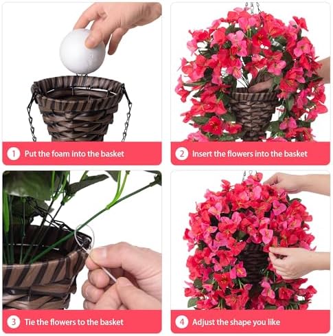 Ivydale Bougainvillea Artificial Hanging Fake Flowers with Basket for Outdoors Decoration, Faux Silk Flowers UV Resistant Fake Plants Long Vines Realistic for Outside Front Door Porch Patio, Red Pink - Image 4