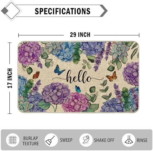 Welcome Spring Door Mat Hydrangea Flowers Doormat Indoor Outdoor Entrance Summer Decor Outdoor Rug Low-Profile Floor Rug Non Slip Spring Summer Decor Rubber Mats for Home Decoration 17x29Inch - Image 3