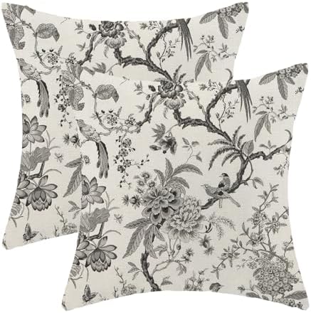 CXMEIFLY Spring Floral Birds Pillow Covers 20 x 20 Inch Set of 2 for Chinoiserie Flowers Decor Throw Pillows Black and White Plant Outdoor Decorative Cushion Cases for Couch Bed Decorations by CXMEIFLY