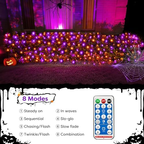 WBao Solar Halloween Lights Outdoor 200LED F8 Big Bulbs, 8.4ft x 5.2ft Orange Purple Net Lights with Remote, 8 Modes, Timer, Connectable, Waterproof & Dark Green Wire for Lawn, Bushes Halloween Decor - Image 3