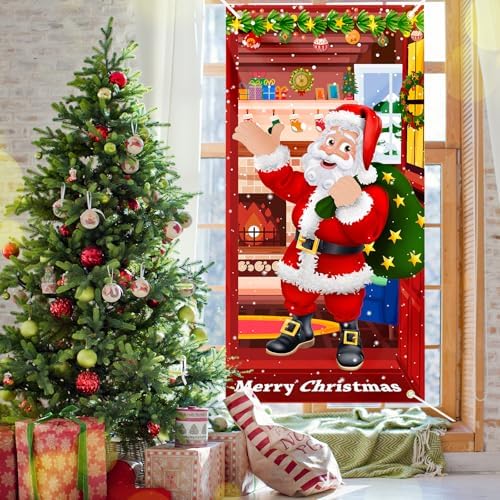 Christmas Door Cover Santa Claus Decoration Xmas Large Photography Background Banner Porch Sign for Winter Indoor Outside Front Door Banner Farmhouse Party Supplies 6 x 3 Feet Santa - Image 2