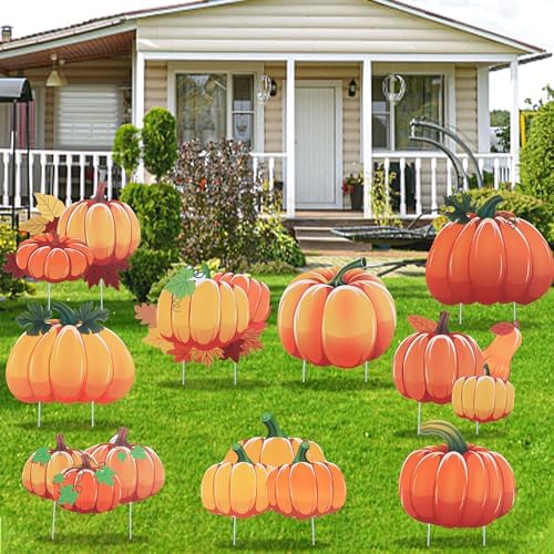 Fall Yard Sign Pumpkin Yard Stakes Thanksgiving Outdoor Decoration Harvest Garden Signs Lawn Pumpkin Sign with Stakes for Outdoor Holiday Decor Party Supplies, Set of 9 by Augisteen
