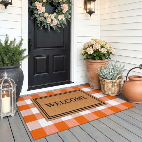 KOZYFLY Buffalo Plaid Rugs 2.3x3.6 ft Halloween Orange White Front Door Mat - Image 3